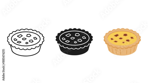 Set of three tart illustrations in different styles and colors with decorative toppings on white