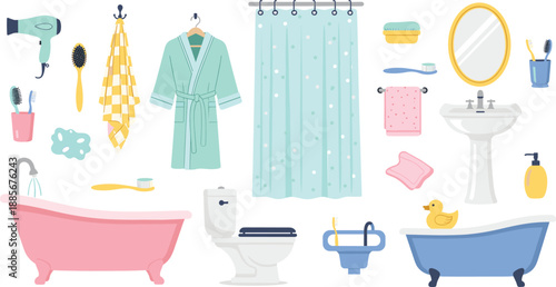 Bathroom interior elements icons set with bathtub sink toilet shower accessories hygiene vector illustration