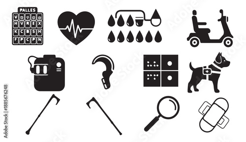 Black vector icons set including medical, transportation, and tool symbols