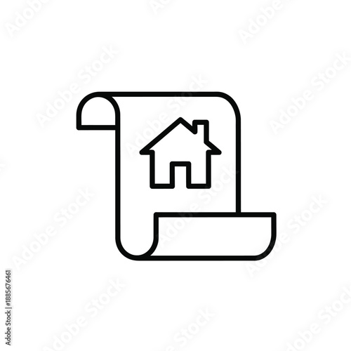 Vector illustration icon a simple black line icon of a house on a rolled up document or blueprint