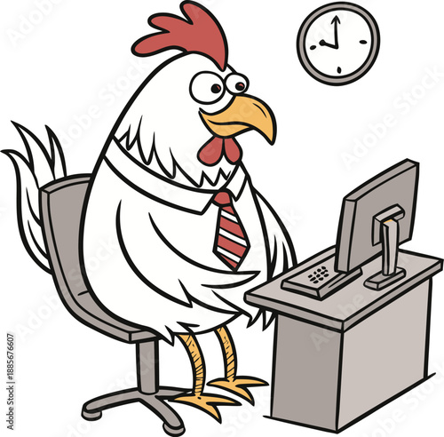 Amusing cartoon chicken in shirt and tie, working diligently at a computer, a humorous take on office life.