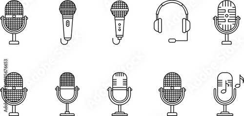 Collection of microphone and audio icons including vintage mics, handheld microphones, headset, podcast symbols and music elements in clean line style
