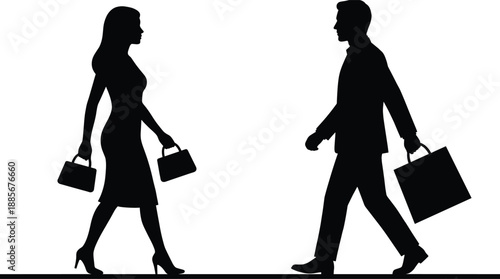 Silhouette of a business man and woman walking with briefcases, symbolizing work, career, professional lifestyle, commuting, office culture, business movement, and modern corporate communication