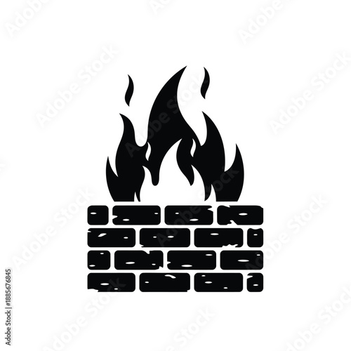 Vector illustration icon black silhouette of fire flames burning on a brick wall