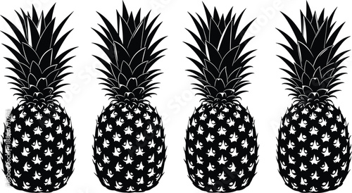 Collection of pineapple silhouettes, tropical fruit illustrations, detailed pineapple designs for food, summer, exotic produce artwork, botanical and culinary graphics