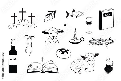 Hand Drawn Biblical Symbols Collection with Lamb, Bible and Holy Communion Elements
