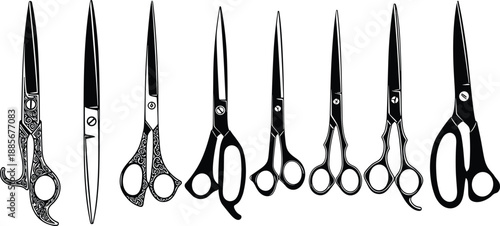 Collection of professional scissors and shears silhouettes, barber and craft cutting tools for salon or sewing design elements, cad drawing flat vector illustration