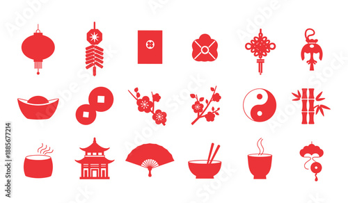 Collection of red Chinese New Year icons on a white background lantern