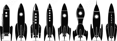 Collection of retro and modern rocket silhouettes, space exploration vehicle icons for sci-fi themes, aerospace design elements, cad drawing flat vector illustration