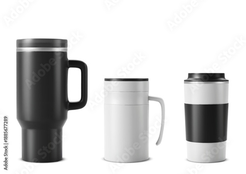 Tumbler mockup set with thermal insulated cup designs in black and white. Realistic travel mug collection with handle and lid. Stainless steel thermos bottles with reusable flask templates.