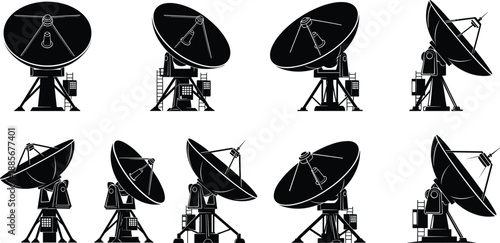 Collection of satellite dish silhouettes, communication antenna illustrations, space signal receivers, telecom equipment icons for technology design, scientific communication artwork