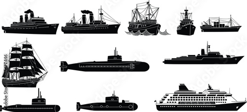 Collection of ship silhouettes, submarines, sailing vessels, fishing boats, cruise and military ship icons for marine transport, nautical design artwork