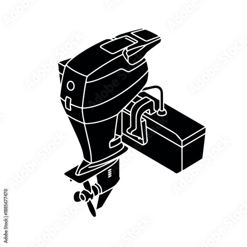 Outboard motor with fuel tank black and white illustration.