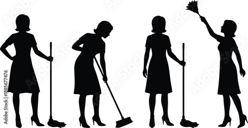 Silhouette of a woman cleaning the house in various poses, sweeping, dusting, and holding cleaning tools, representing household chores, domestic work, hygiene, maintenance, and daily home care