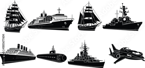 Collection of ship, submarine, and aircraft silhouettes, transportation and military vehicle icons for nautical and aviation design, detailed graphic elements, cad drawing flat vector illustration
