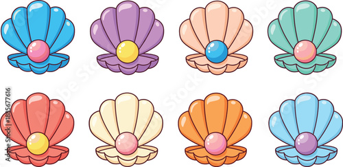 Colorful seashell with pearl icons set cartoon ocean treasure marine jewelry vector illustration