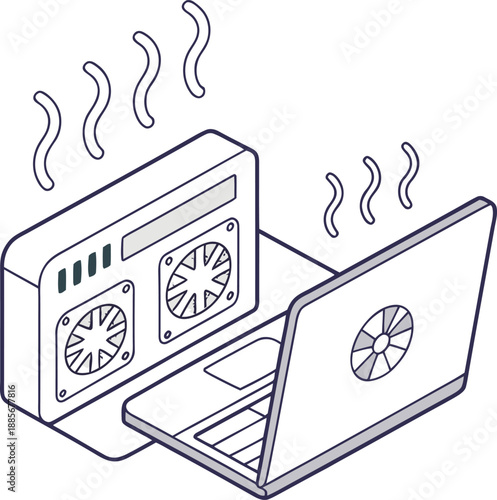 Laptop computer with external cooling fan, illustrating overheating and ventilation issues.