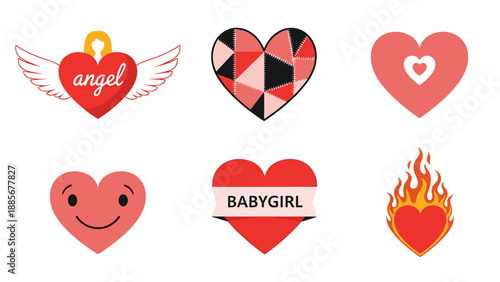Various heart symbols and stickers including an angel heart burning heart and a patchwork design on white background poster.
