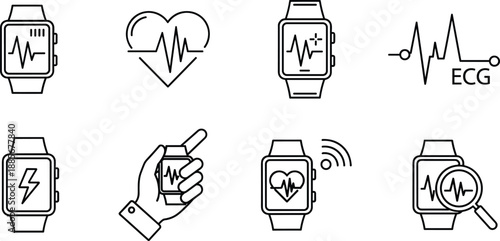 Collection of smartwatch health icons including ECG heart rate monitor, pulse tracking, wireless fitness watch, medical heartbeat symbols in clean line style
