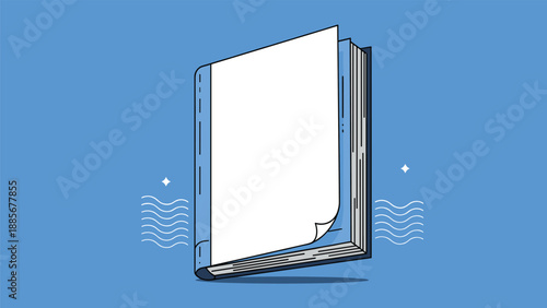 Simple blue book illustration with a white blank page and abstract wavy lines on a solid blue background for study concepts.