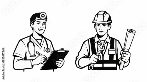 Doctor and construction worker professions side by side illustration.