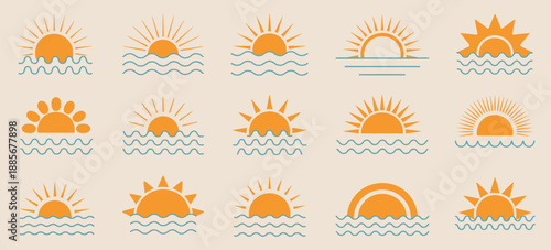 Sun over sea graphic, minimal beach horizon wave symbols for weather forecast, summer tourism, travel promotion, vacation visuals, digital products, and clean vector design.