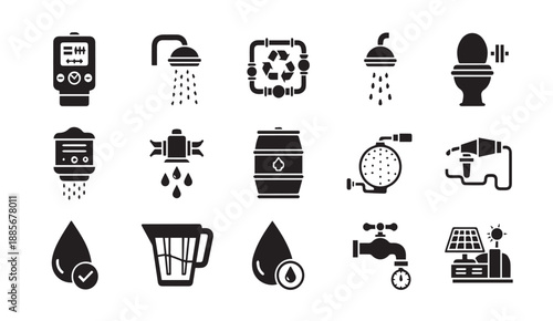 Black vector icons depicting various water conservation and recycling concepts on white background