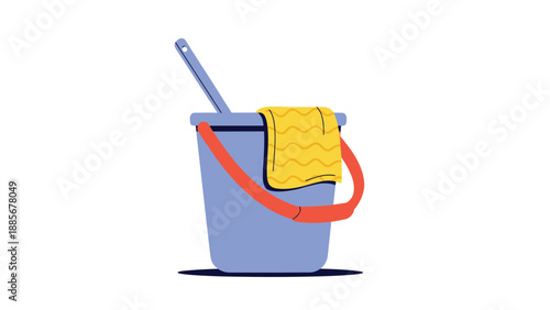 Blue cleaning bucket with a red handle featuring a yellow cloth and a long brush for household chores and sanitizing work.