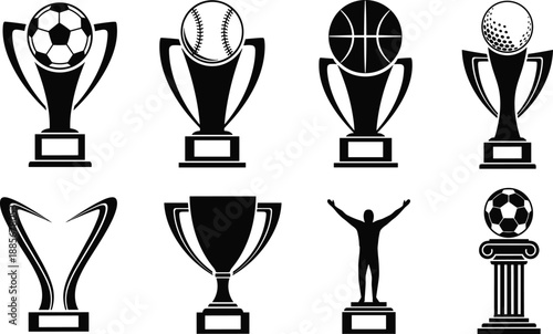 Collection of sports trophy silhouettes featuring soccer, baseball, basketball and golf designs in bold black vector style for award graphics and CAD drawing illustration