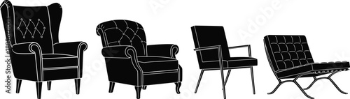 Collection of stylish armchair silhouettes, modern and classic lounge chair illustrations, furniture design icons for interior decor, seating concept artwork