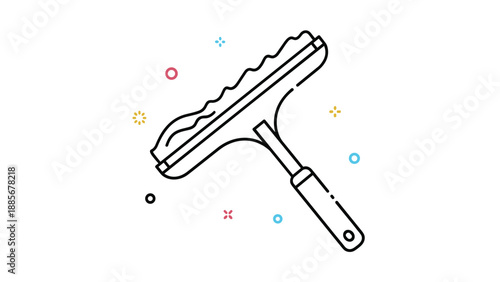 Window cleaning squeegee tool with a wavy blade and a long handle surrounded by colorful abstract dots and stars elements.