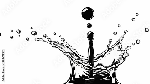 Black liquid splash with droplets in motion.