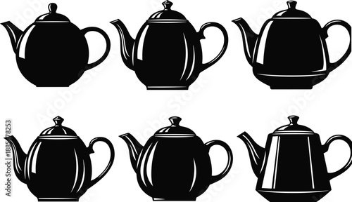 Collection of teapot silhouettes in classic and modern shapes, elegant black vector illustrations for kitchenware, tea serving and home décor designs