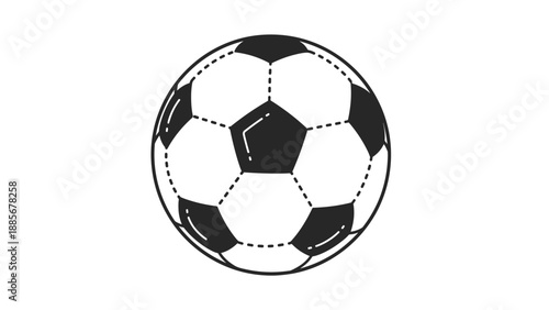 Classic black and white soccer ball illustration with hexagonal patterns and dashed lines for sports and athletics games.