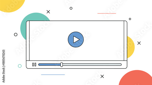 Clean video player interface design with a play button progress bar and abstract geometric shapes in the background area.