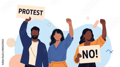 Group of diverse people protesting together with raised fists and holding signs for social justice and equality message.