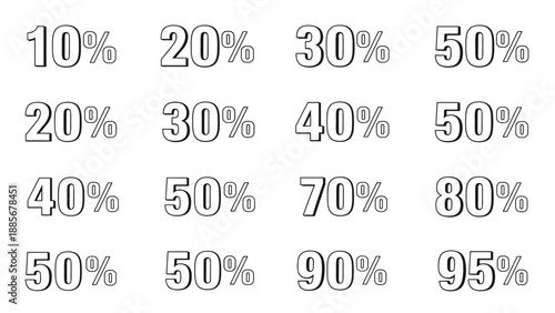 Collection of various percentage discount labels from ten to ninety five percent for sales marketing and promotion deals.