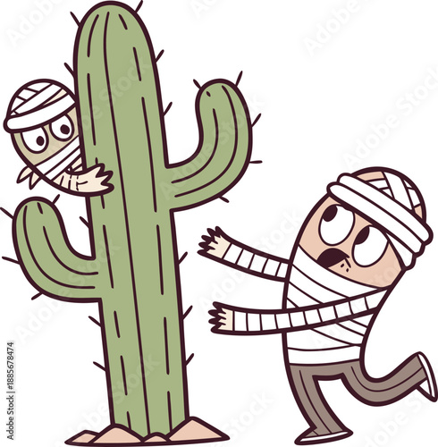 Mummy and skeleton hiding behind a cactus, desert fun and spooky characters.