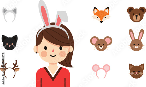 Cute animal headbands and face accessories illustration set for kids costume party vector design