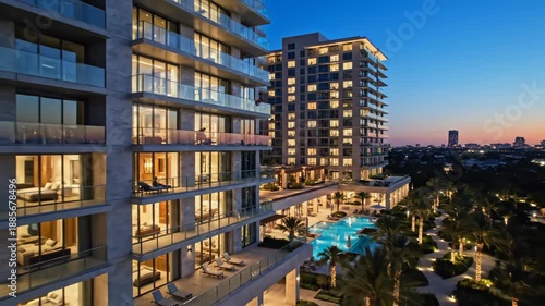Luxury residential towers overlook illuminated pool area and cityscape at twilight