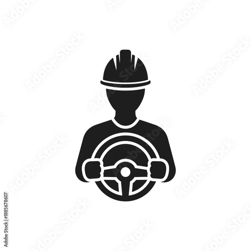 Vector illustration icon black silhouette of a construction worker wearing a hard hat and holding a steering wheel