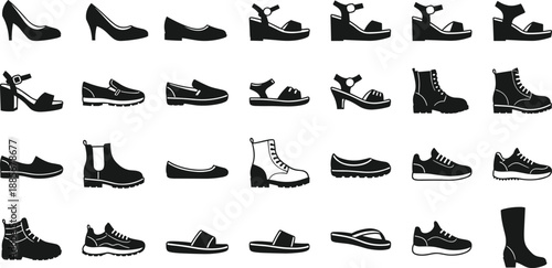 Collection of various footwear silhouettes including heels, sandals, boots, sneakers, loafers, and slippers, versatile shoe icons for fashion, retail, and design projects