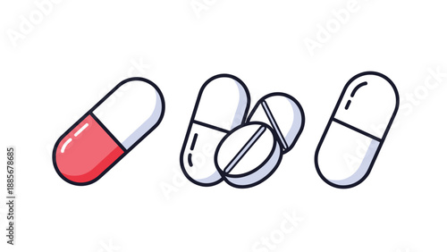 Assorted medical pills and capsules illustration featuring a red and white capsule and several white round pill shapes.
