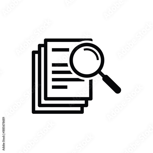 Vector illustration icon a black and white line icon of a stack of documents with a magnifying glass on top for search or investigation purposes