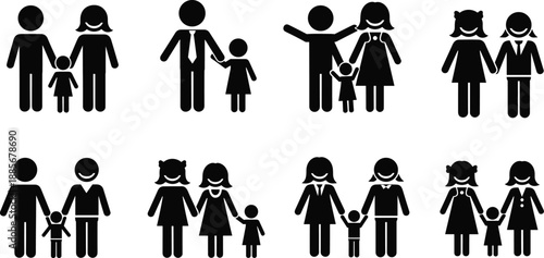 et of Family Stick Figure Icons with Parents and Child, Representing Different Family Structures, Relationships, Love, Diversity, and Social Dynamics Symbols.