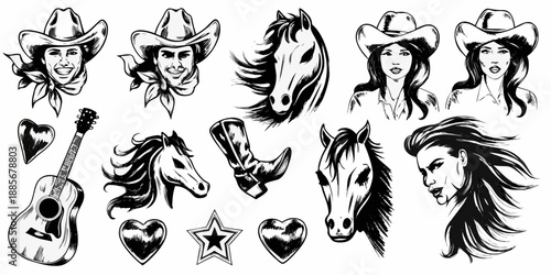 Vintage western themed illustration with cowboy hats horses and country elements