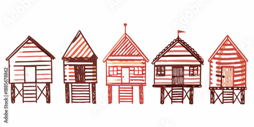 A row of charming beach huts illustrated with a rustic hand drawn style