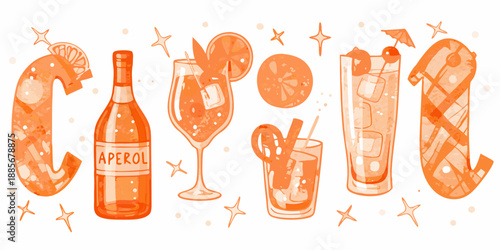 A cheerful illustration of aperol spritz and other summer cocktail beverages