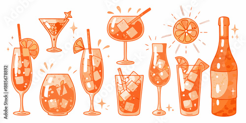 An assortment of orange colored cocktail glasses and a champagne bottle