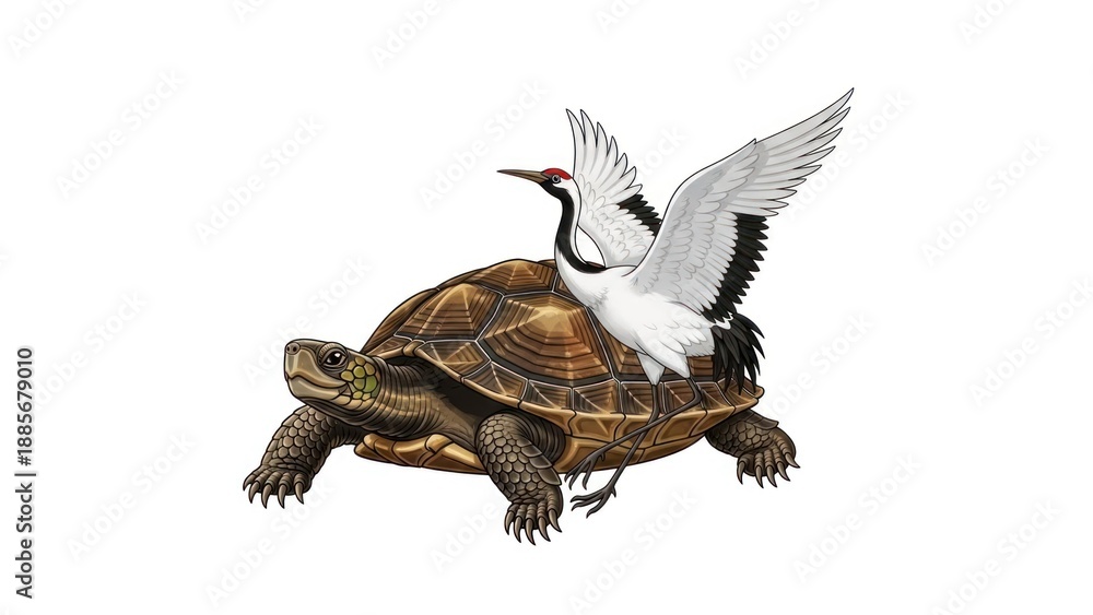 Fototapeta premium A red-crowned crane perched on a tortoise, with a white background.